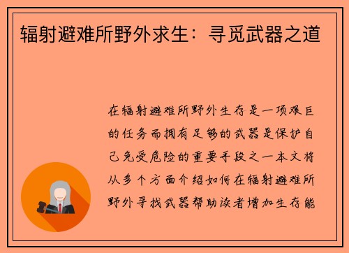 辐射避难所野外求生：寻觅武器之道